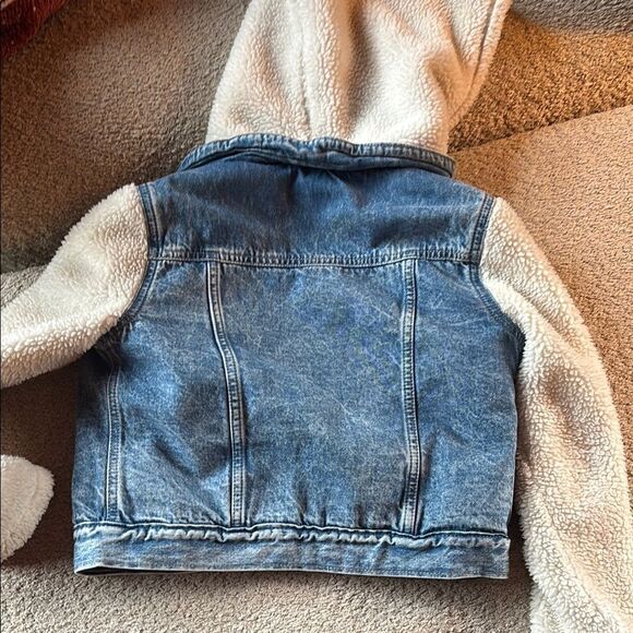 GAP Blue and White Jean Jacket with Cozy Fleece Sleeves - Picture 13 of 16